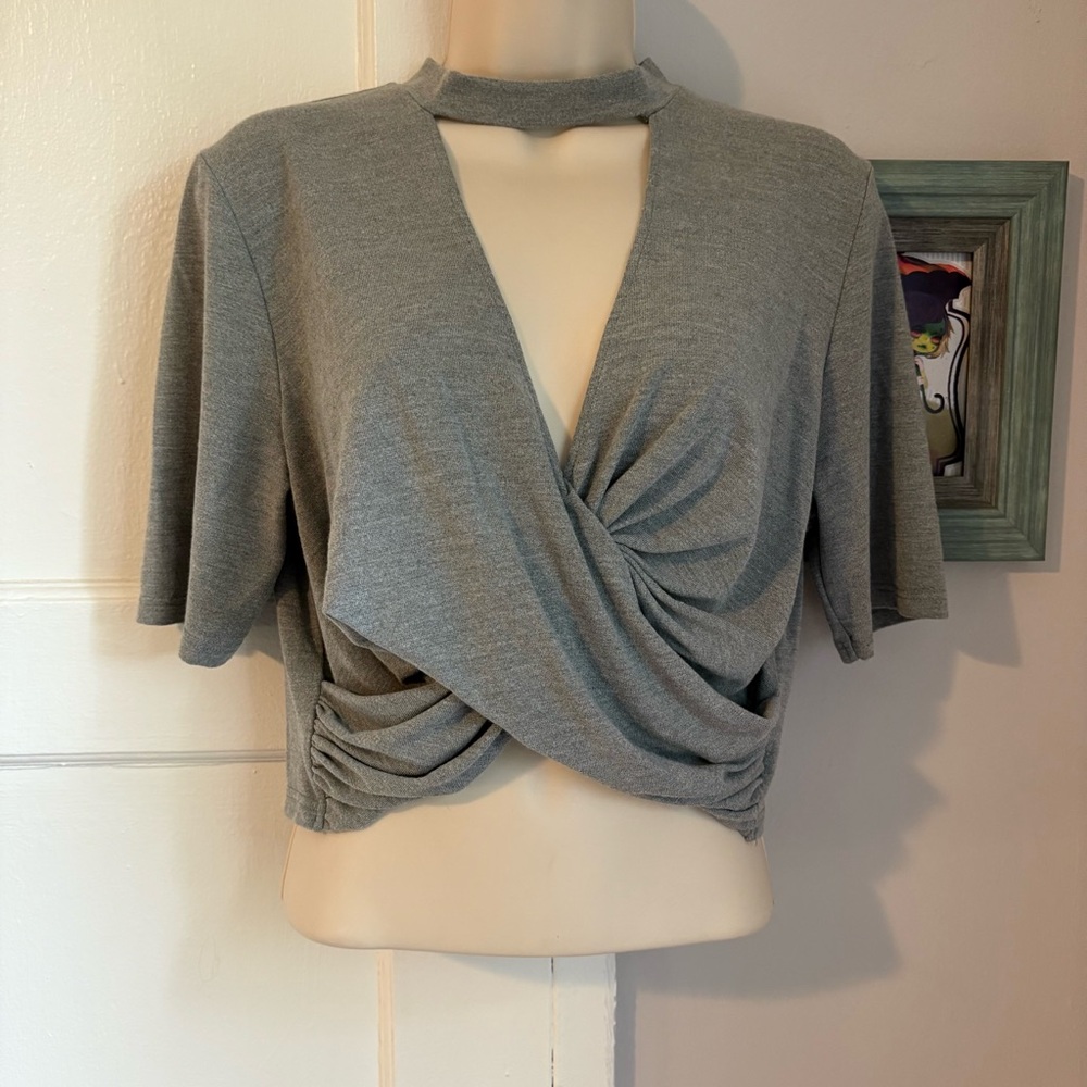 Topshop Gray Ruched Wrap Crop Blouse Grey Shirt Cropped Summer Spring
